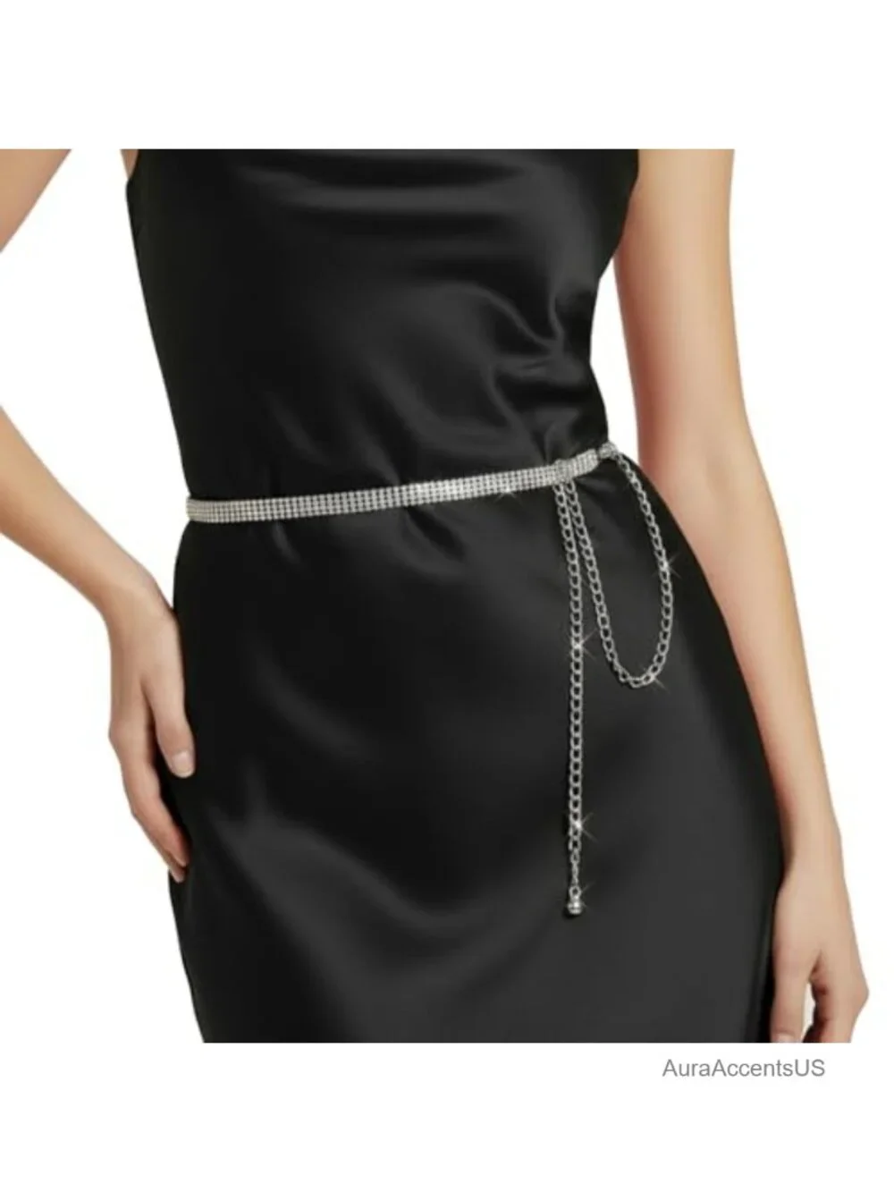 Sparkle Rhinestone Belt for Dress, Thin Adjustable Silver Belt